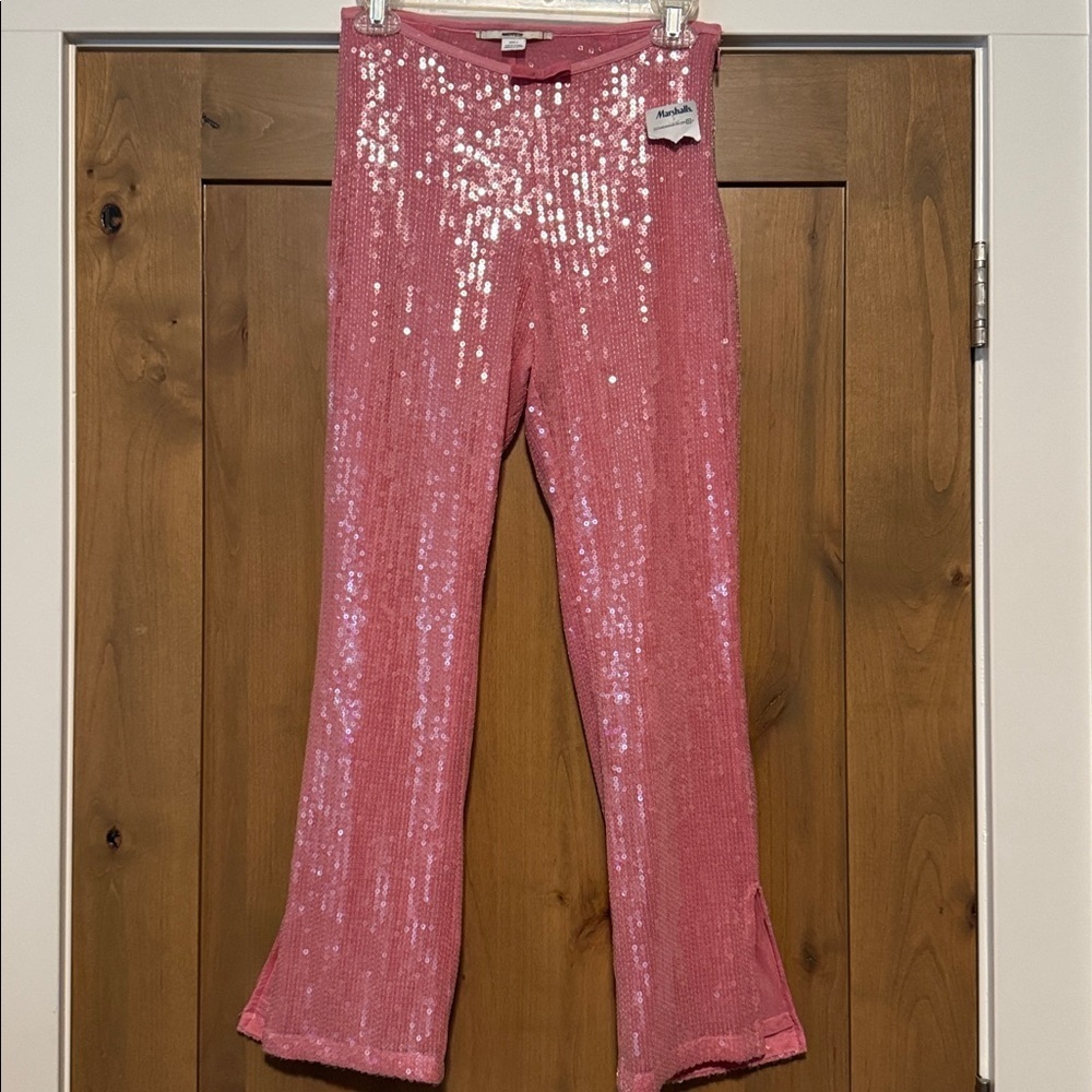 NWT Kimchi Blue Rose Pink Sparkle Sequin split Leg Pants Womens 4 Swifty Party